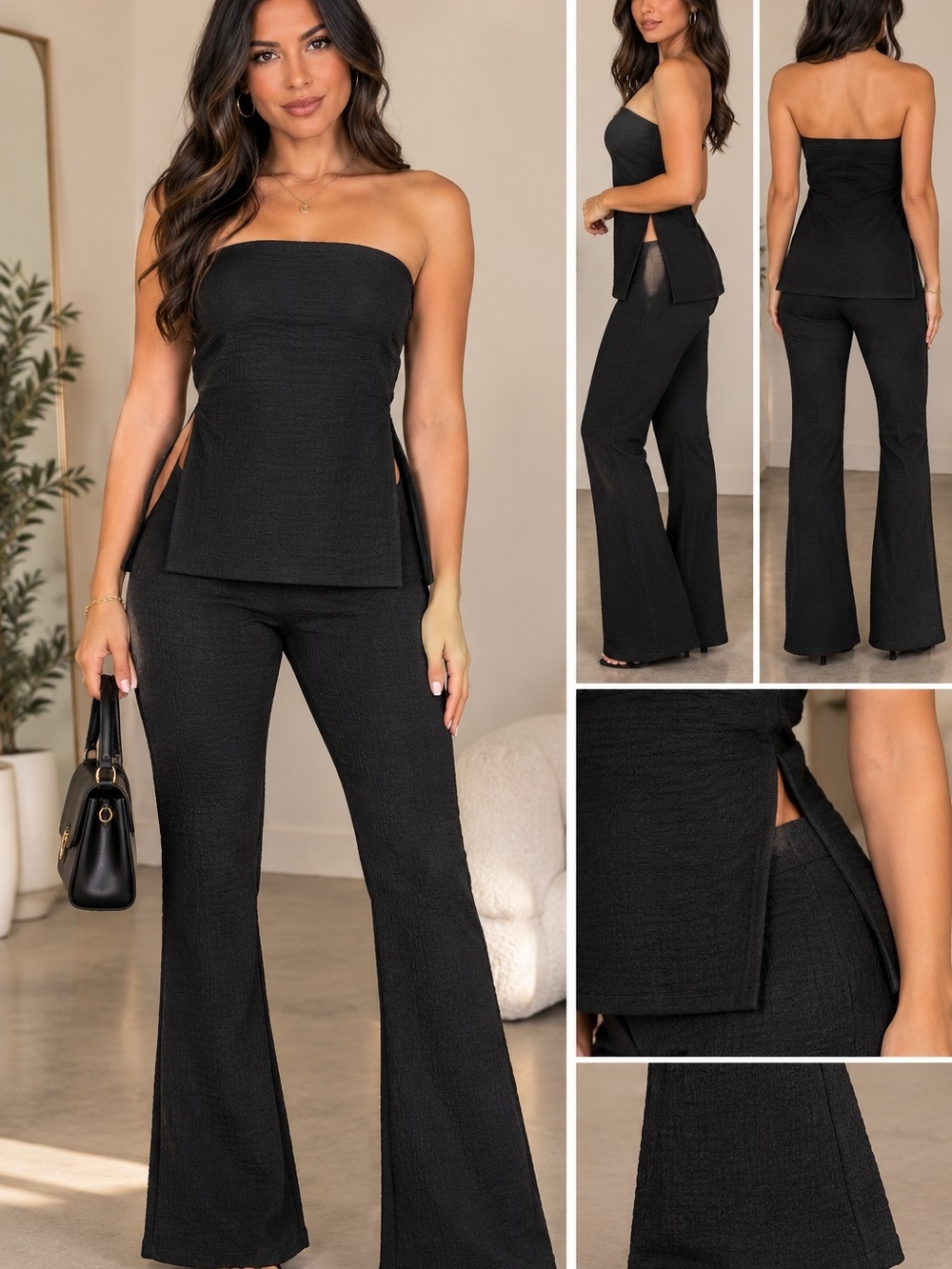Strapless Side Slit Waffle Top & Flared Pants Set - Black